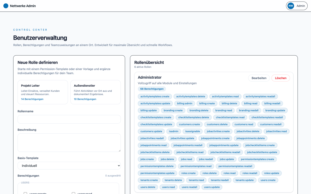 Benutzerverwaltung im Admin-Panel: neue Rolle mit Permission-Templates definieren, Rollenübersicht mit Administrator-Rolle und allen Berechtigungen als Chips