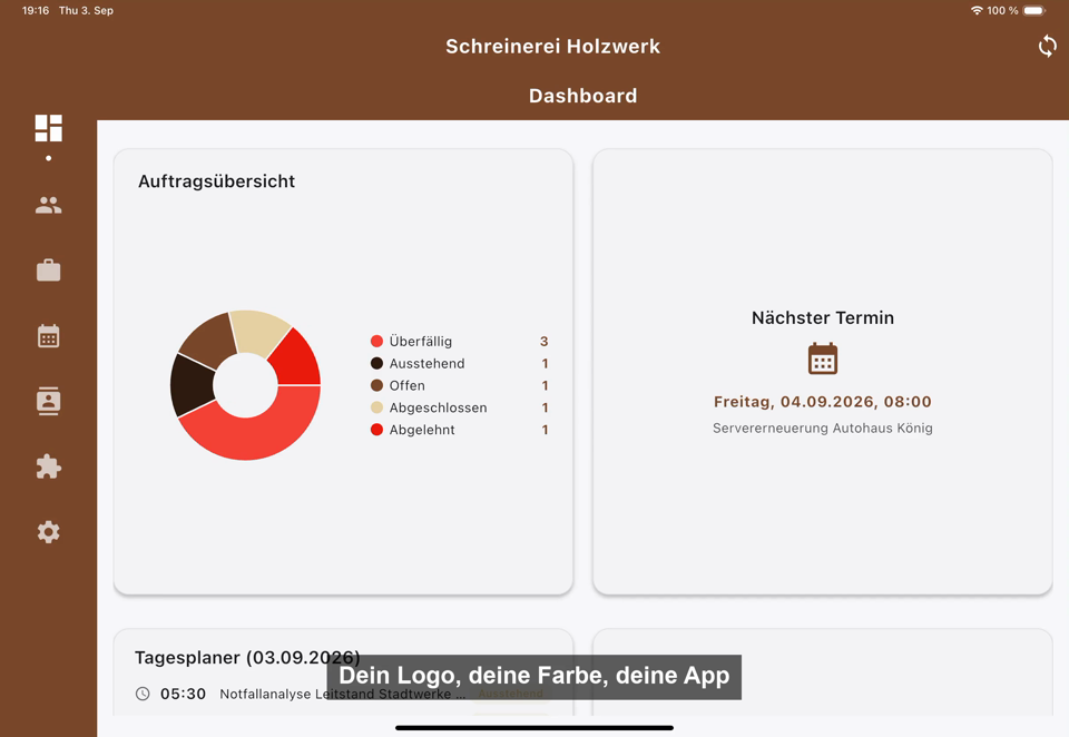 Standbild aus dem Demo-Video „Was nur diese App kann“: nettwerke_ada im iPad-Querformat, Tenant Schreinerei Holzwerk.